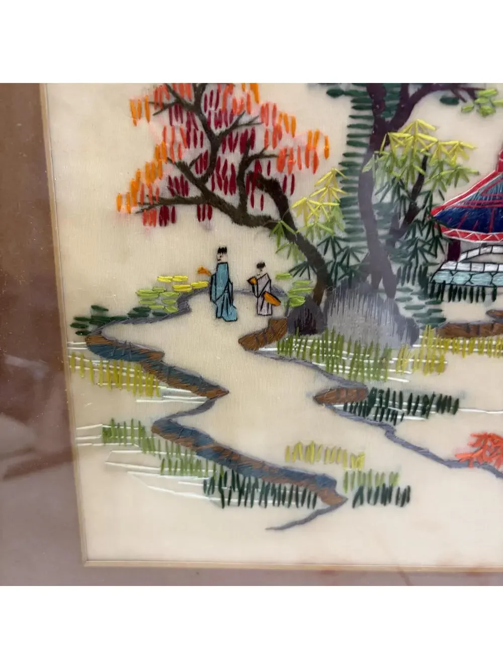 Oriental embroidered silk wall art vintage